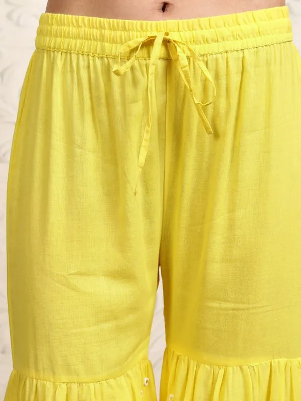 Vishudh Women Yellow Embroidered Kurta With Sharara & Dupatta