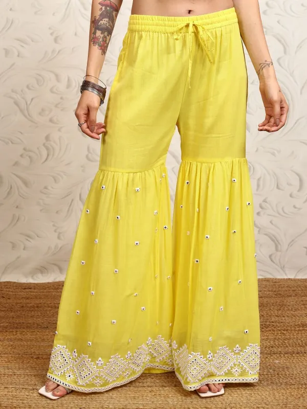 Vishudh Women Yellow Embroidered Kurta With Sharara & Dupatta