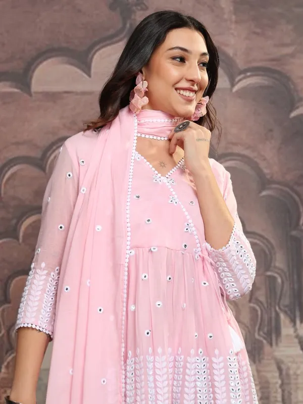 Vishudh Women Pink Embroidered Kurta With Sharara And Dupatta