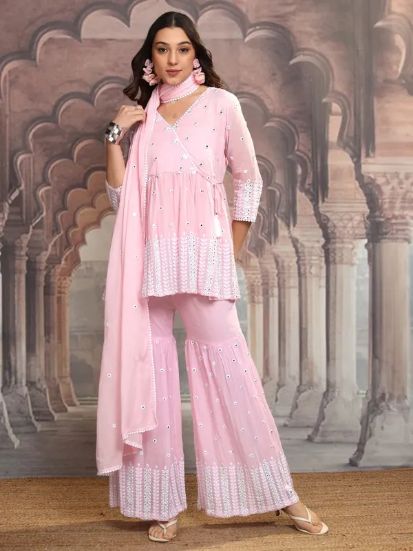 Vishudh Women Pink Embroidered Kurta With Sharara And Dupatta