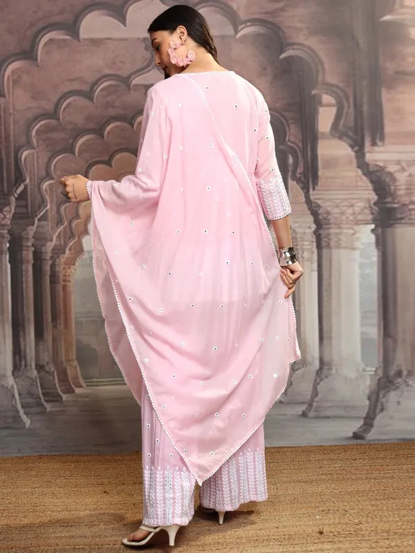 Vishudh Women Pink Embroidered Kurta With Sharara And Dupatta
