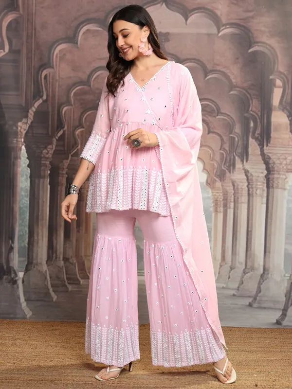 Vishudh Women Pink Embroidered Kurta With Sharara And Dupatta