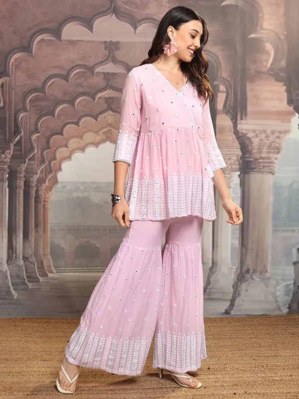 Vishudh Women Pink Embroidered Kurta With Sharara And Dupatta