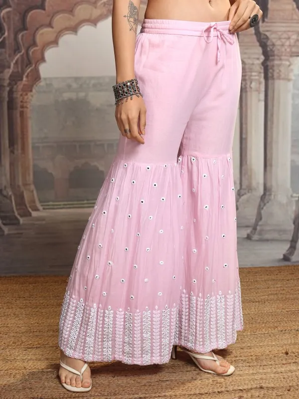 Vishudh Women Pink Embroidered Kurta With Sharara And Dupatta