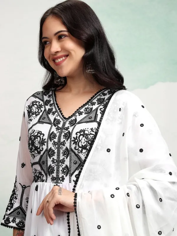 Vishudh Women White Embroidered Kurta With Sharara And Dupatta