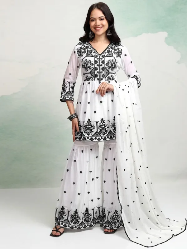 Vishudh Women White Embroidered Kurta With Sharara And Dupatta