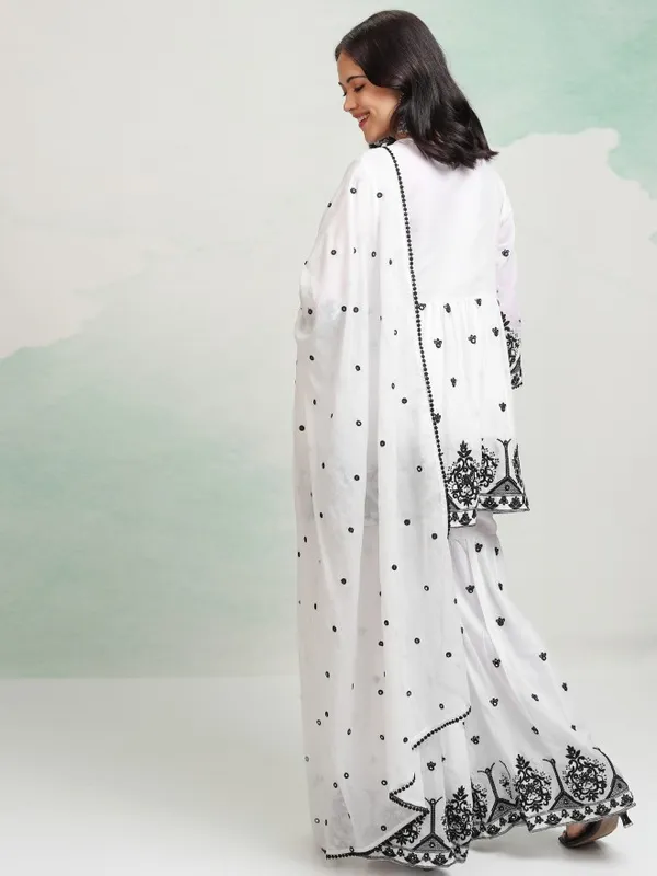 Vishudh Women White Embroidered Kurta With Sharara And Dupatta