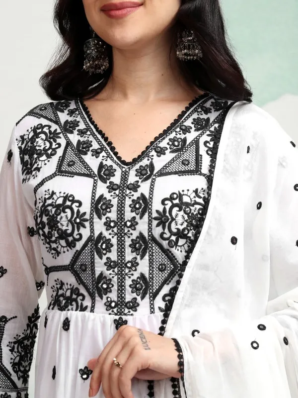 Vishudh Women White Embroidered Kurta With Sharara And Dupatta