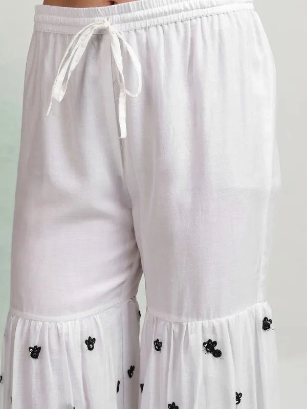 Vishudh Women White Embroidered Kurta With Sharara And Dupatta