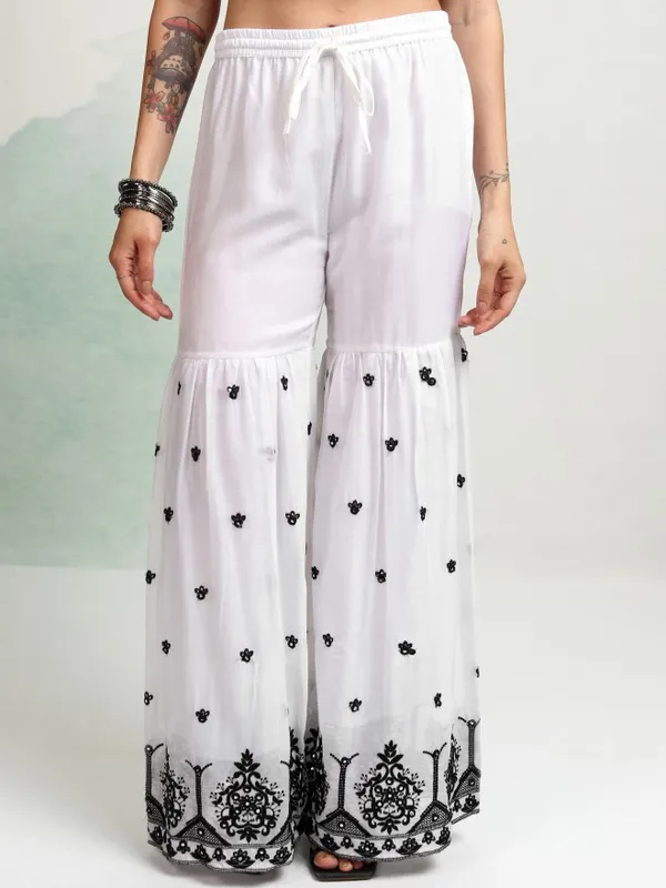 Vishudh Women White Embroidered Kurta With Sharara And Dupatta