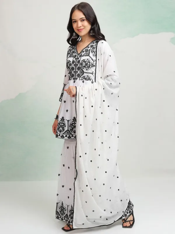 Vishudh Women White Embroidered Kurta With Sharara And Dupatta