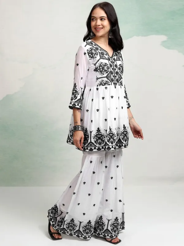 Vishudh Women White Embroidered Kurta With Sharara And Dupatta
