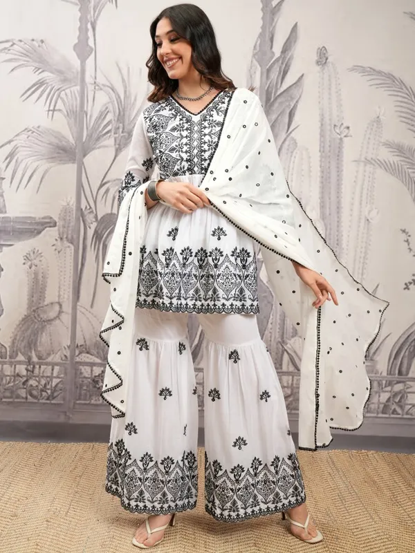 Vishudh Women White Embroidered Kurta With Sharara And Dupatta