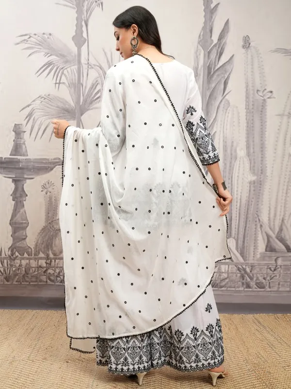 Vishudh Women White Embroidered Kurta With Sharara And Dupatta