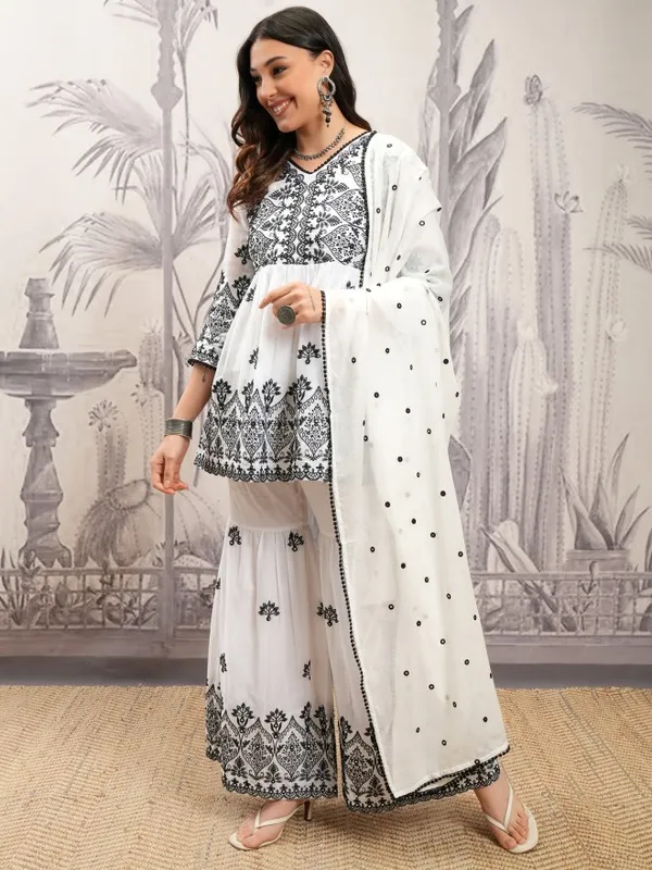 Vishudh Women White Embroidered Kurta With Sharara And Dupatta