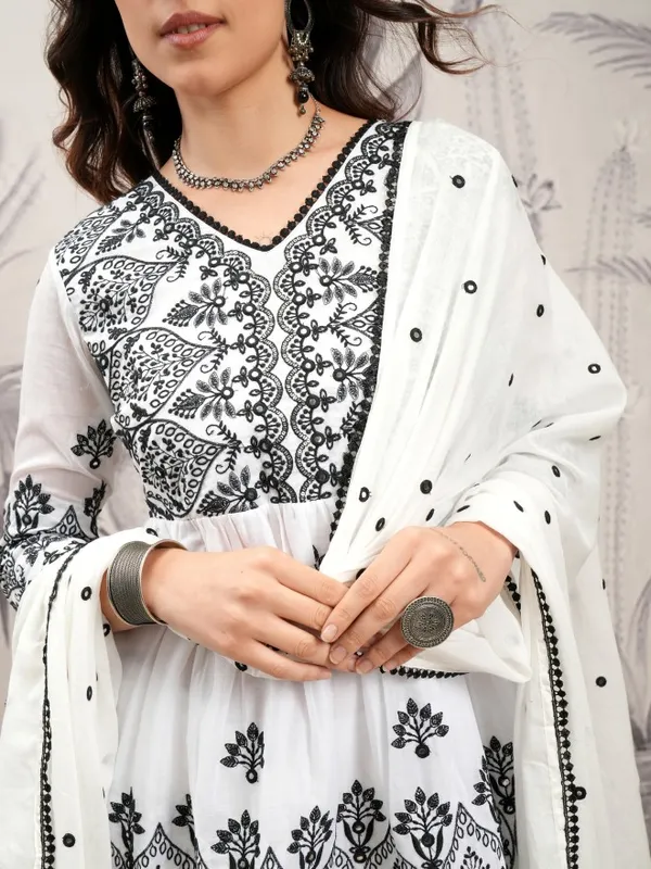 Vishudh Women White Embroidered Kurta With Sharara And Dupatta