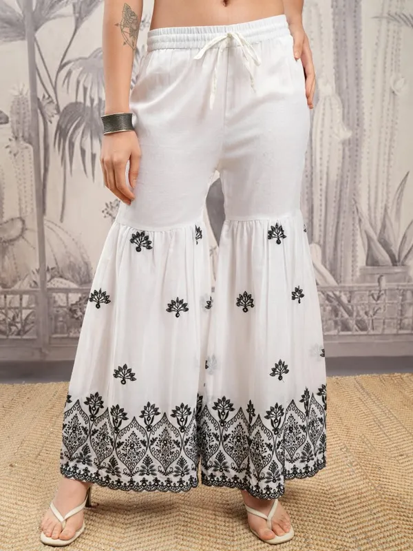 Vishudh Women White Embroidered Kurta With Sharara And Dupatta