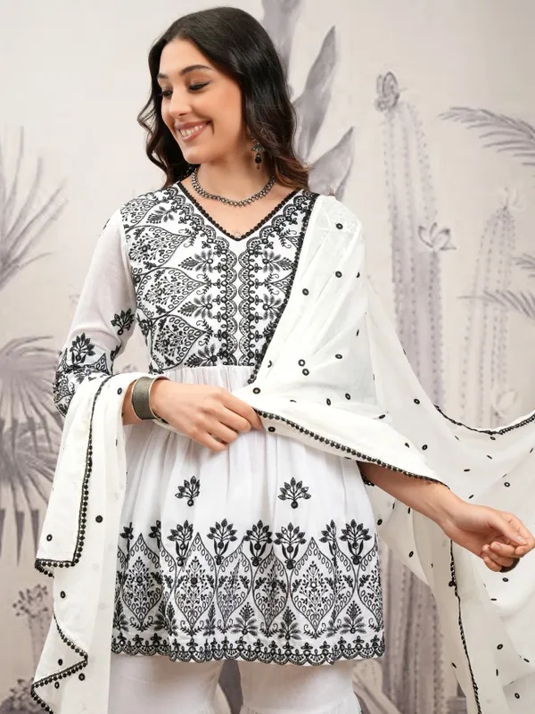 Vishudh Women White Embroidered Kurta With Sharara And Dupatta