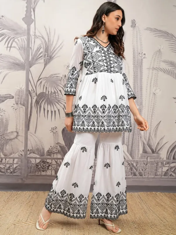 Vishudh Women White Embroidered Kurta With Sharara And Dupatta