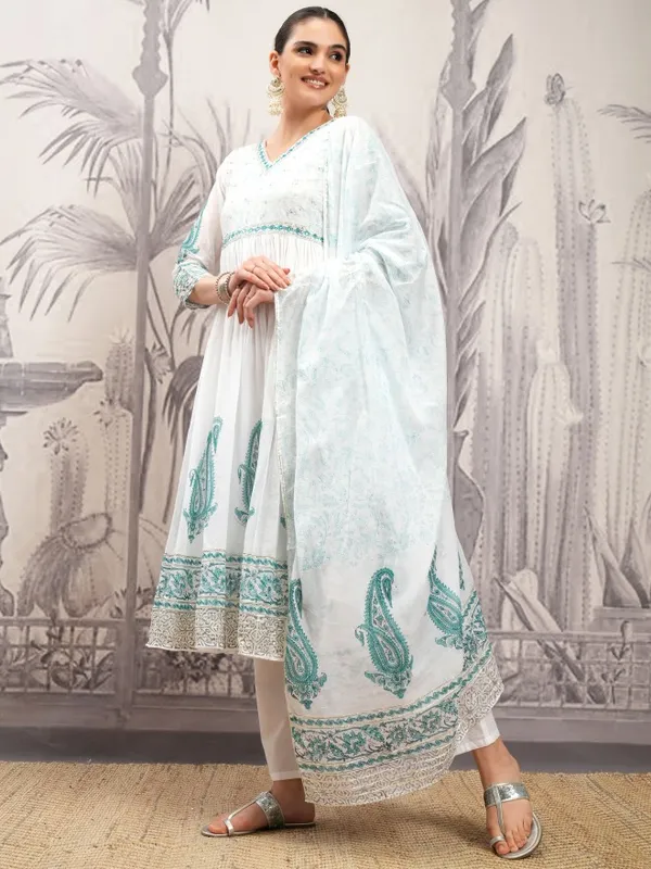 Vishudh Women White Embroidered Kurta With Trousers And Dupatta