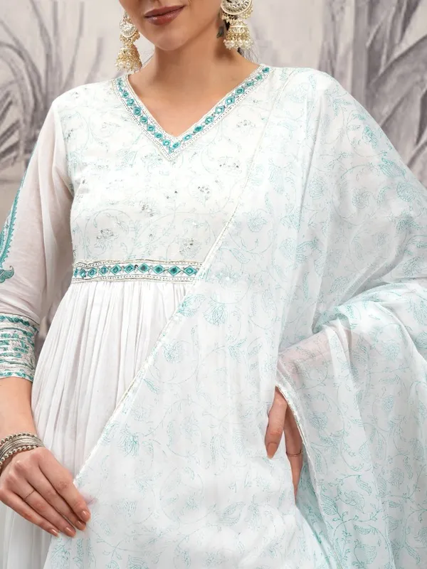 Vishudh Women White Embroidered Kurta With Trousers And Dupatta