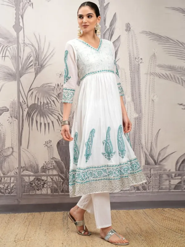 Vishudh Women White Embroidered Kurta With Trousers And Dupatta