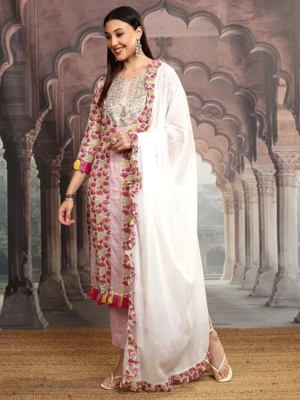 Vishudh Women Pink Embroidered Kurta With Trousers