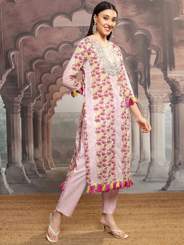 Vishudh Women Pink Embroidered Kurta With Trousers