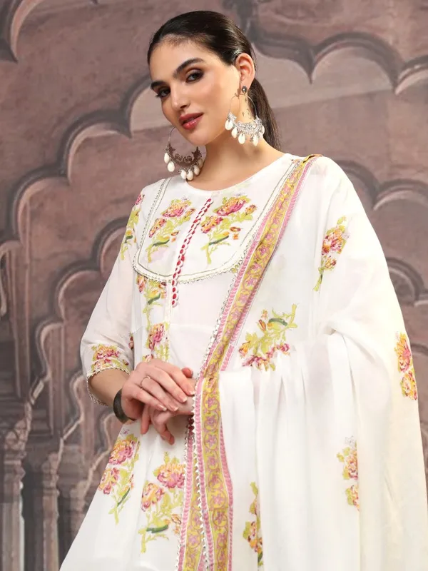Vishudh Women White Printed Kurta With Sharara And Dupatta