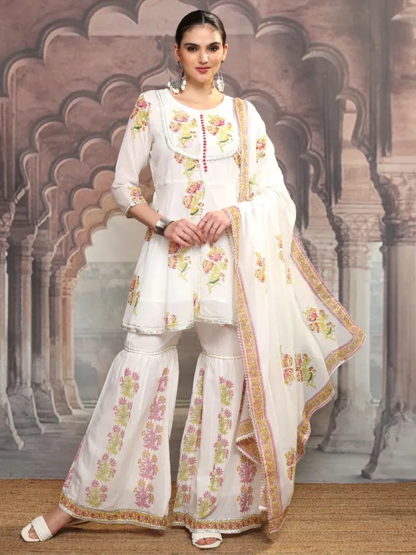 Vishudh Women White Printed Kurta With Sharara And Dupatta