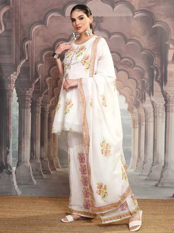 Vishudh Women White Printed Kurta With Sharara And Dupatta