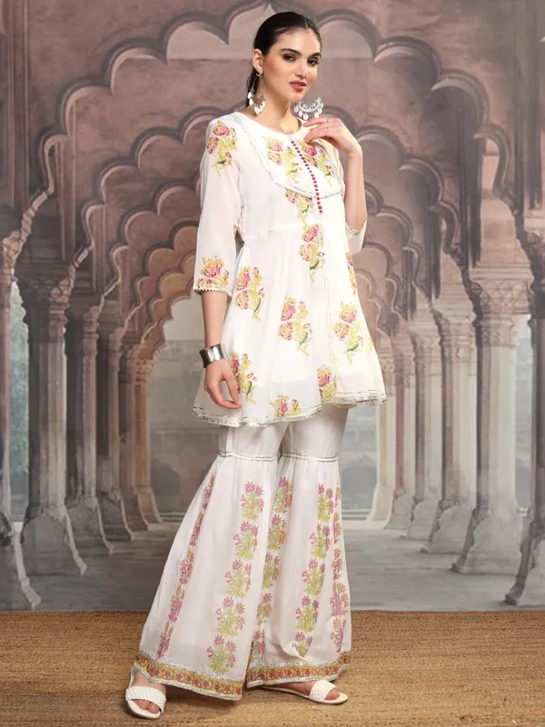 Vishudh Women White Printed Kurta With Sharara And Dupatta