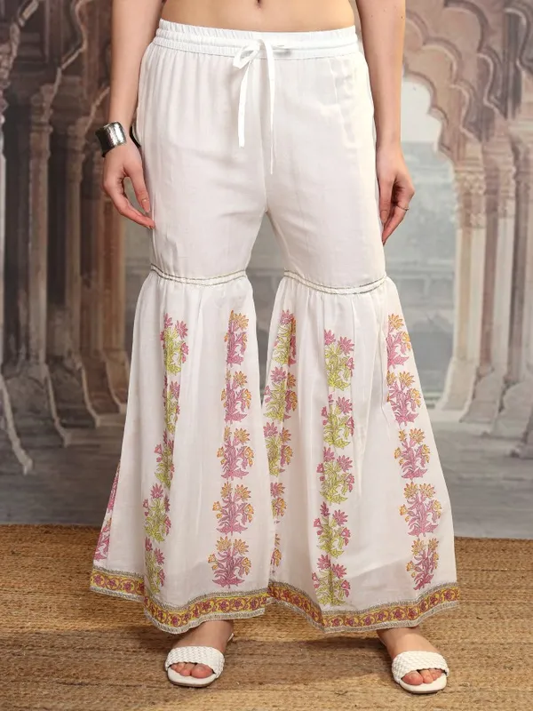 Vishudh Women White Printed Kurta With Sharara And Dupatta