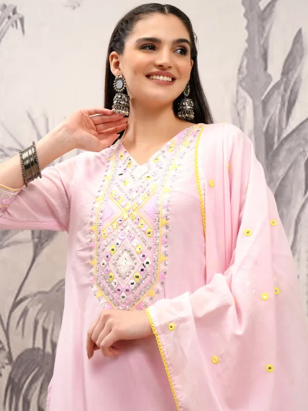 Vishudh Women Pink Embroidered Kurta With Sharara And Dupatta