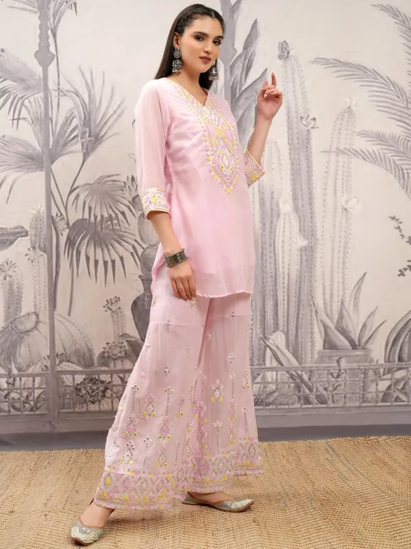 Vishudh Women Pink Embroidered Kurta With Sharara And Dupatta