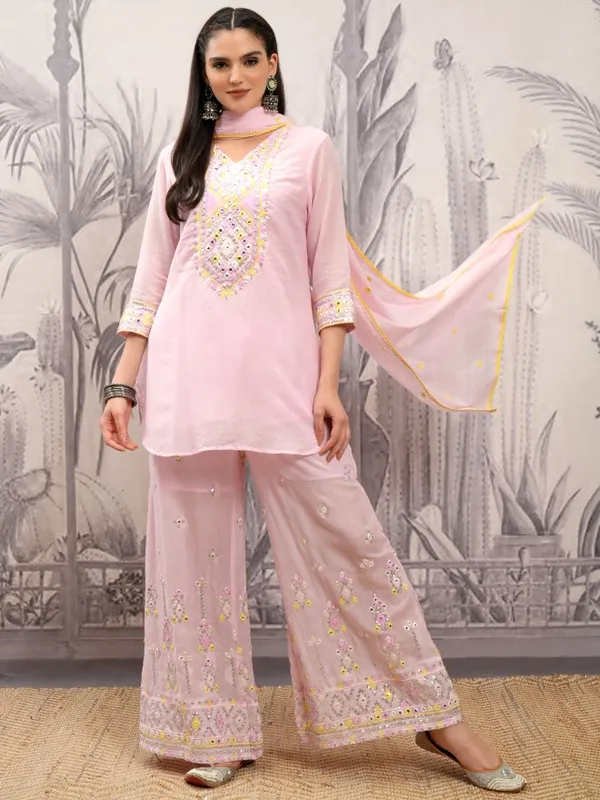 Vishudh Women Pink Embroidered Kurta With Sharara And Dupatta