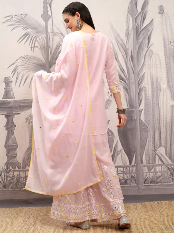 Vishudh Women Pink Embroidered Kurta With Sharara And Dupatta