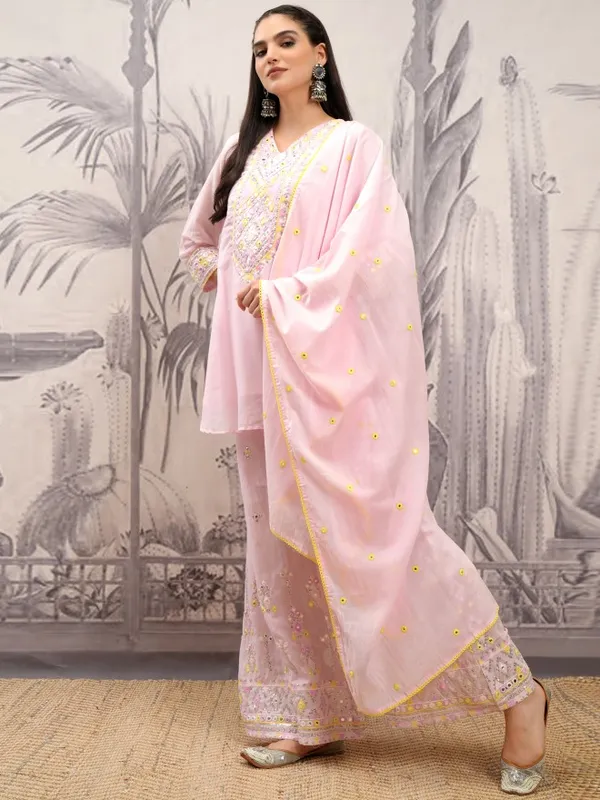 Vishudh Women Pink Embroidered Kurta With Sharara And Dupatta
