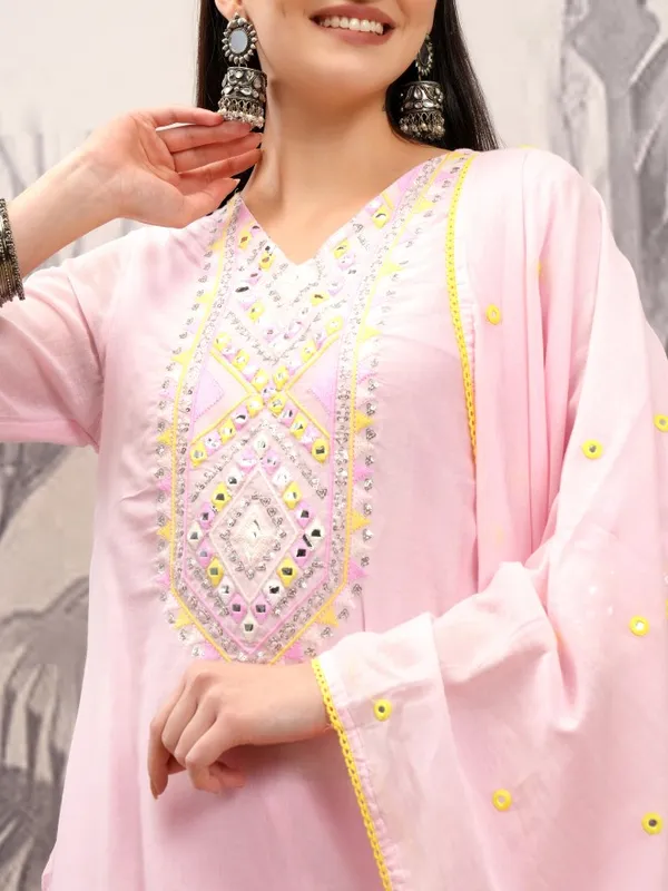 Vishudh Women Pink Embroidered Kurta With Sharara And Dupatta