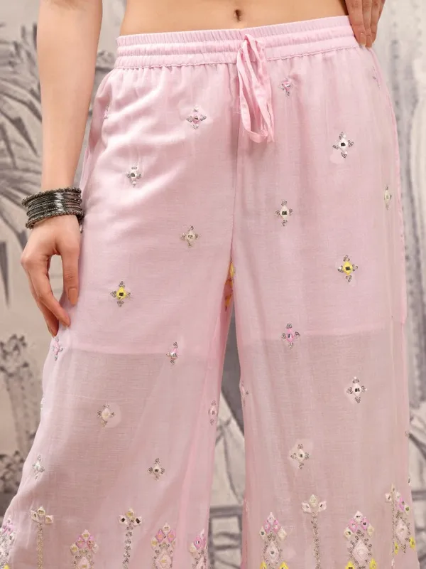 Vishudh Women Pink Embroidered Kurta With Sharara And Dupatta