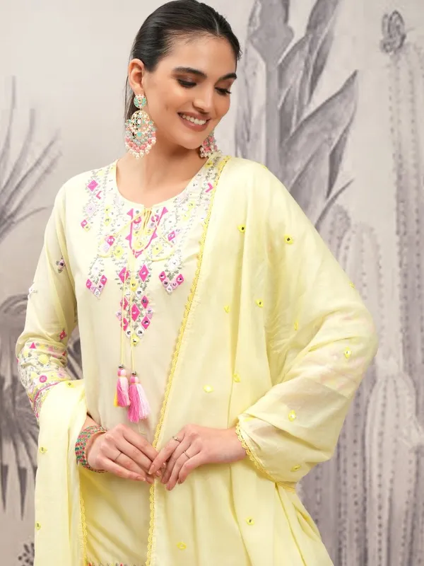 Vishudh Women Yellow Embroidered Kurta With Sharara And Dupatta