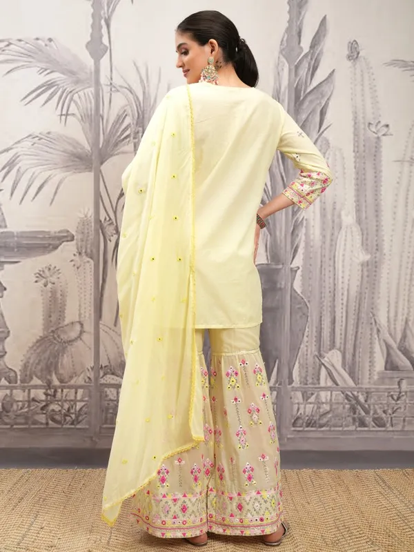 Vishudh Women Yellow Embroidered Kurta With Sharara And Dupatta