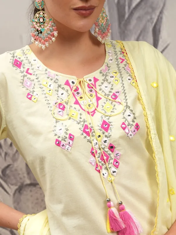 Vishudh Women Yellow Embroidered Kurta With Sharara And Dupatta