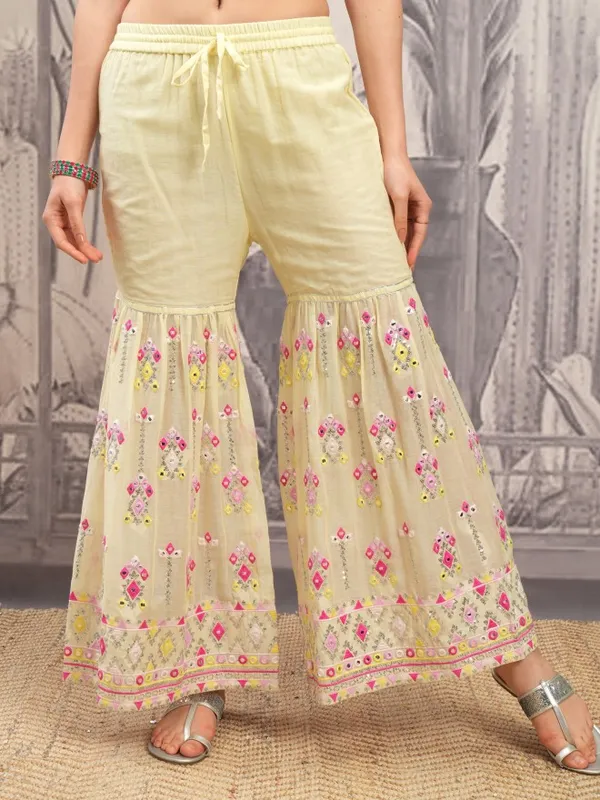 Vishudh Women Yellow Embroidered Kurta With Sharara And Dupatta