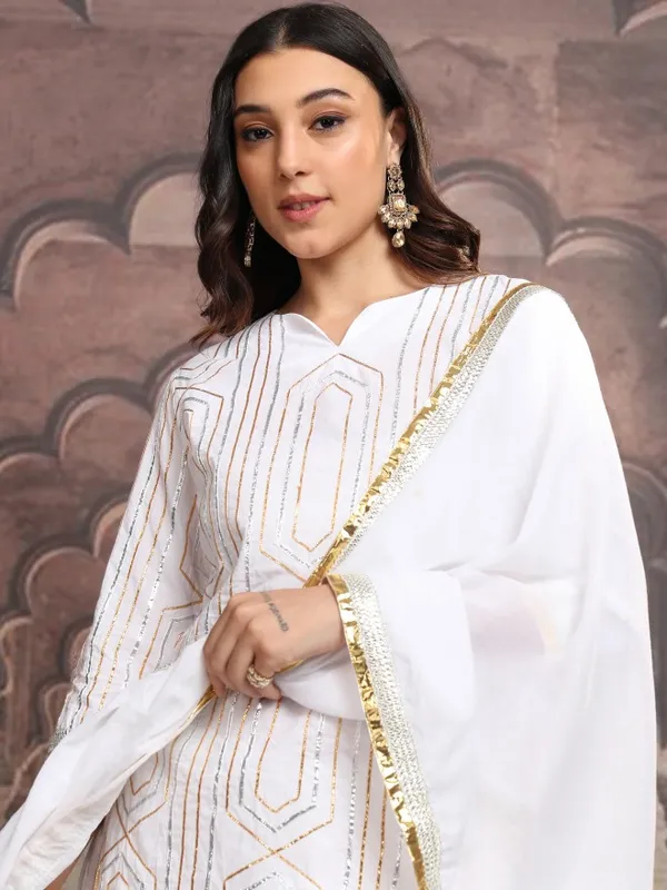 Vishudh Women White Embroidered Kurta With Trousers And Dupatta