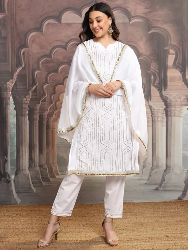 Vishudh Women White Embroidered Kurta With Trousers And Dupatta