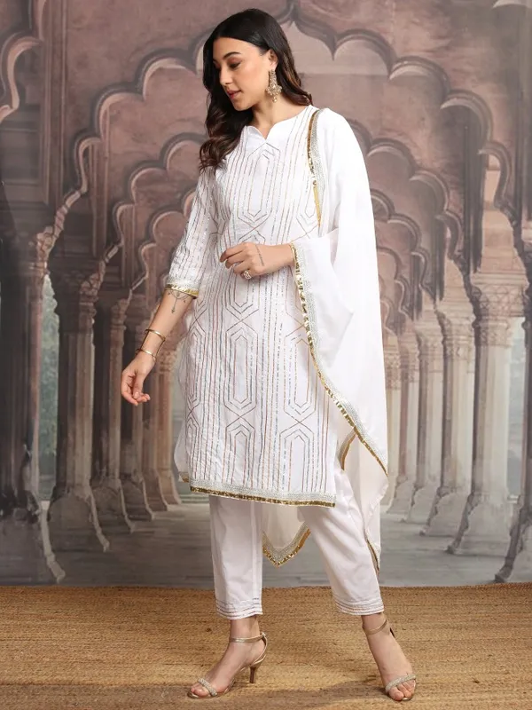 Vishudh Women White Embroidered Kurta With Trousers And Dupatta