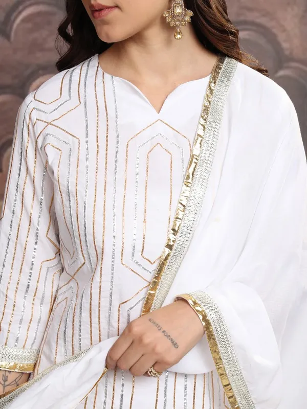 Vishudh Women White Embroidered Kurta With Trousers And Dupatta