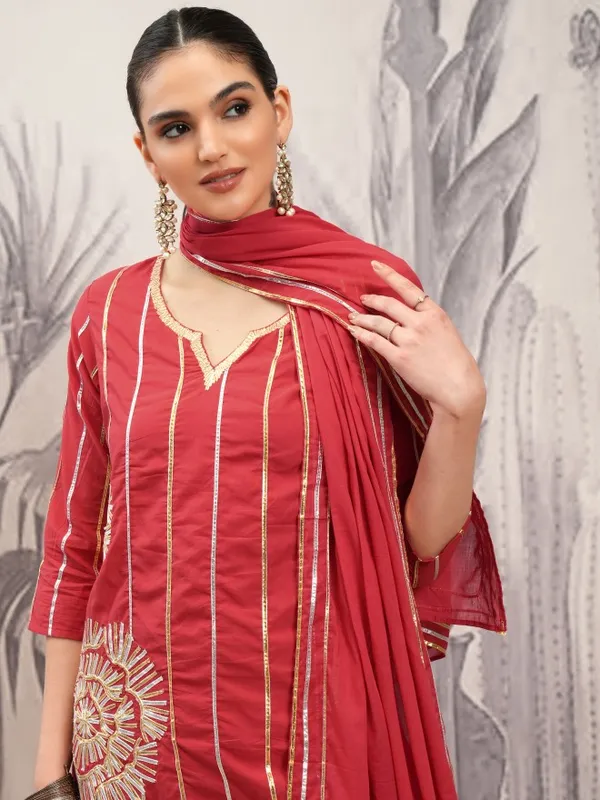 Vishudh Women Red Embroidered Kurta With Sharara And Dupatta