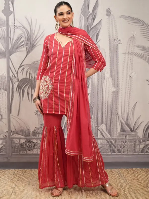 Vishudh Women Red Embroidered Kurta With Sharara And Dupatta